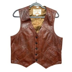VINTAGE Grais Angel Skin Nappa Leather Vest Mens Large Brown V-Neck Made in USA